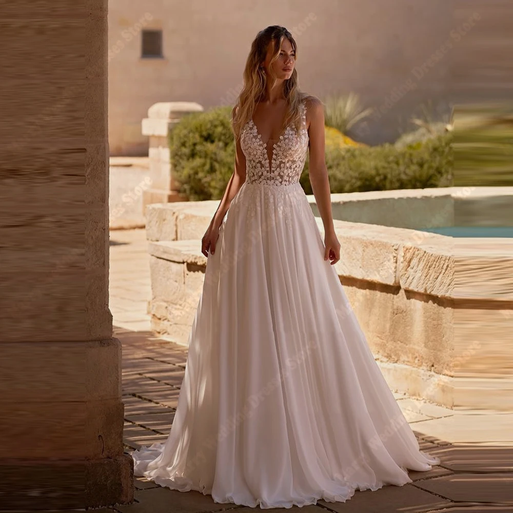 2025 Modest A-Line Women Wedding Dresses Fashion V-Neck Lace Flower Printing Bridal Gowns Sleeveless Vestido De Novia Customized 4