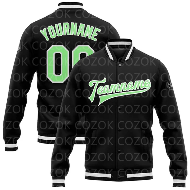 Custom Black Green 3D Printed Baseball Button Jacket Bomber Full-Snap Varsity Letterman Jacket