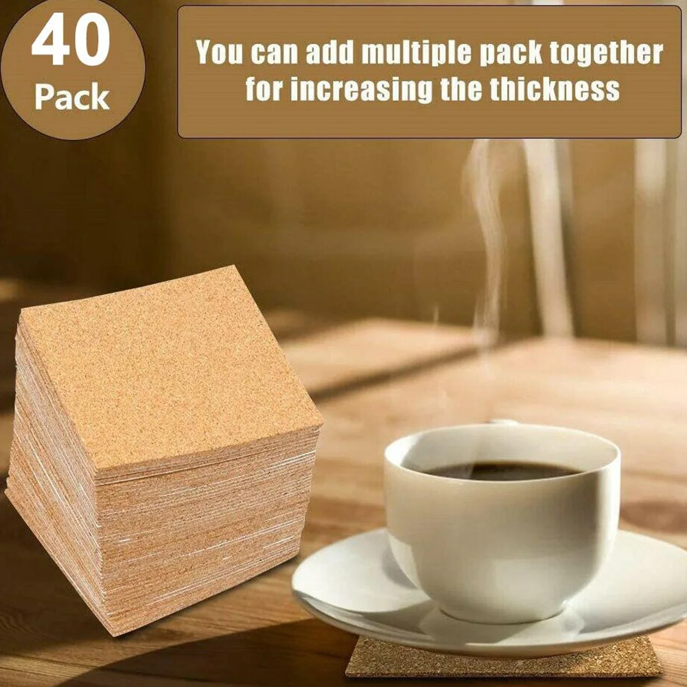 40pcs Set Cork Coasters Square Cork Mat Selfadhesive Diy Backing Sheet