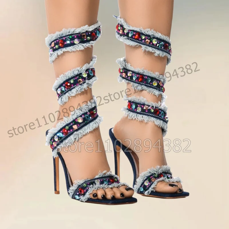 

Blue Denim Ruffles Colorful Crystal Twine Sandals Slip On Women Shoes Thin High Heels Pointed Toe Novel 2023 Zapatos Para Mujere