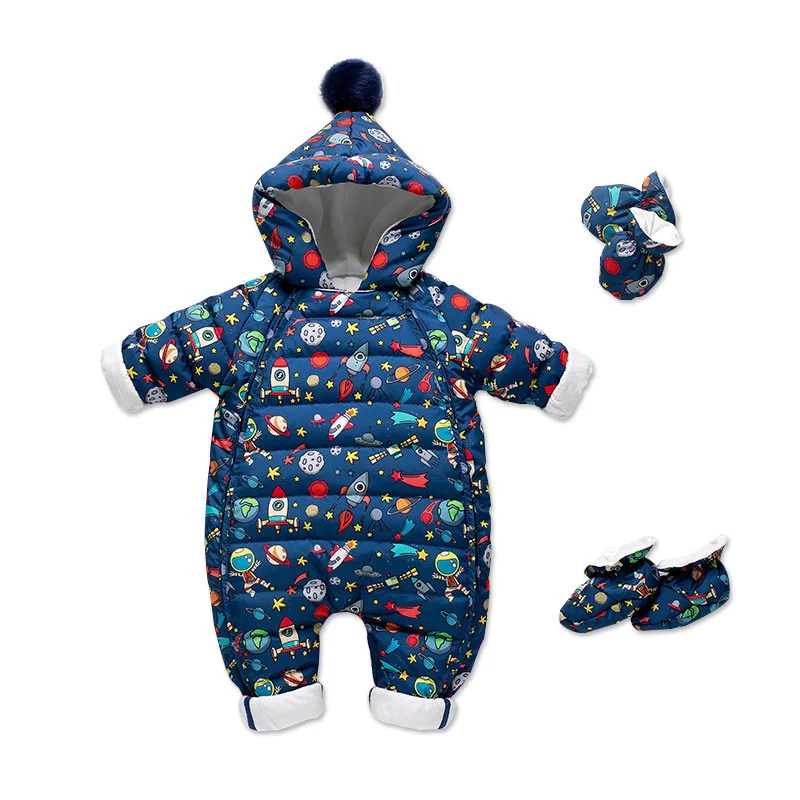 Winter baby down jacket jumpsuit newborn boys thickening outdoor hug kid clothes girls plush printed rompers hooded footies Baby Jumpsuit