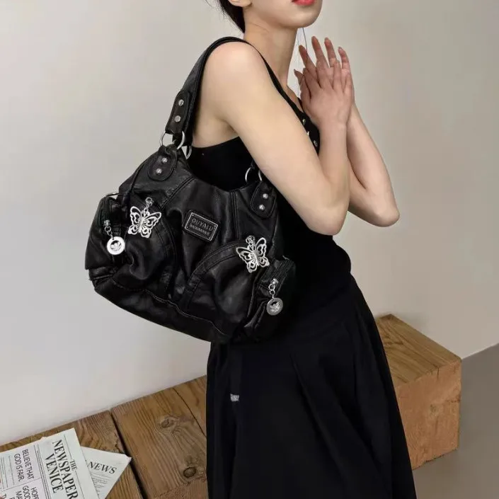 JIAERDI Retro Butterfly Black Handbag Women Subculture Leather Shoulder Messenger Bags Y2k Ladies Vintage Underarm Bag Hot Girls