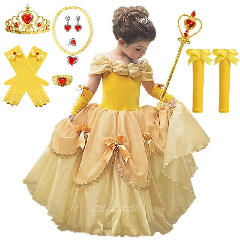 Girl Belle Dress Up Sleeveless Floral Children Party Princess Costume Kids Beauty and The Beast Halloween Carnival Outfit Clothe