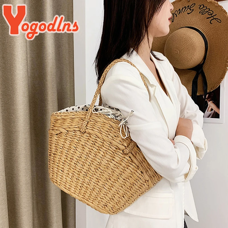 Summer New Straw Bag Women Woven Rattan Handbag Drawstring Handle Bag Large Capacity Hollow Tote Bag Shopping Basket Ba
