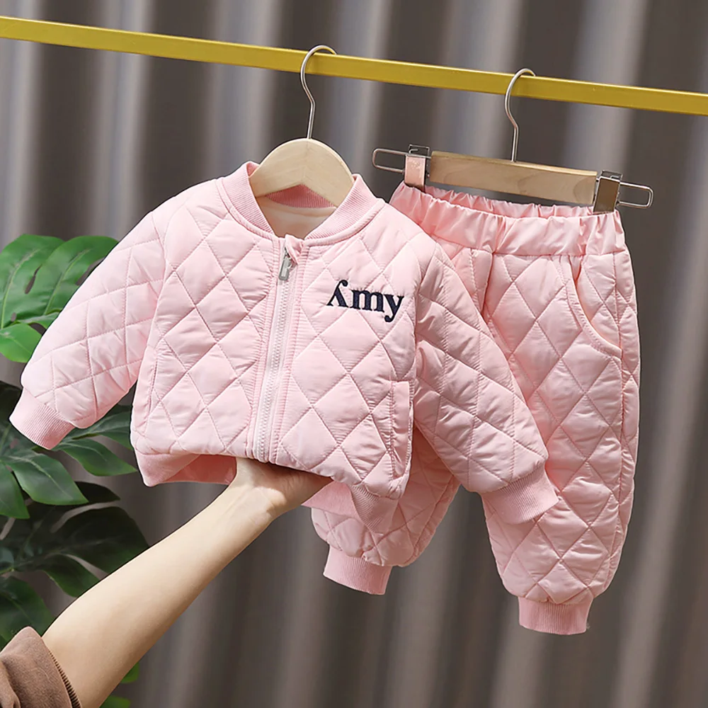 

Winter Thick Warm Kids Clothes Sets Fashion Cotton Padded Velvet Zipper Coats Girls Outerwear+Pants 2Pcs Children Clothing Suit
