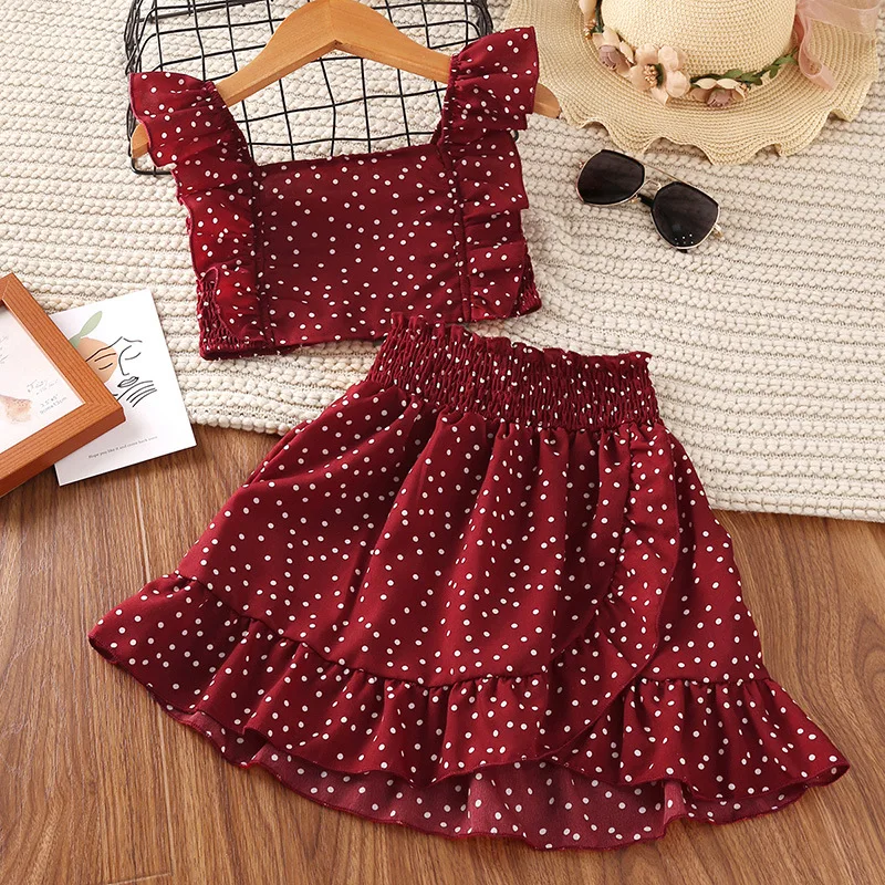 

Children's Clothes Suit Girls Summer Polka Dot Flying Sleeves Short Top Skirt Princess 2 Pcs/Set Kids Fashion Clothes for 4-12 Y