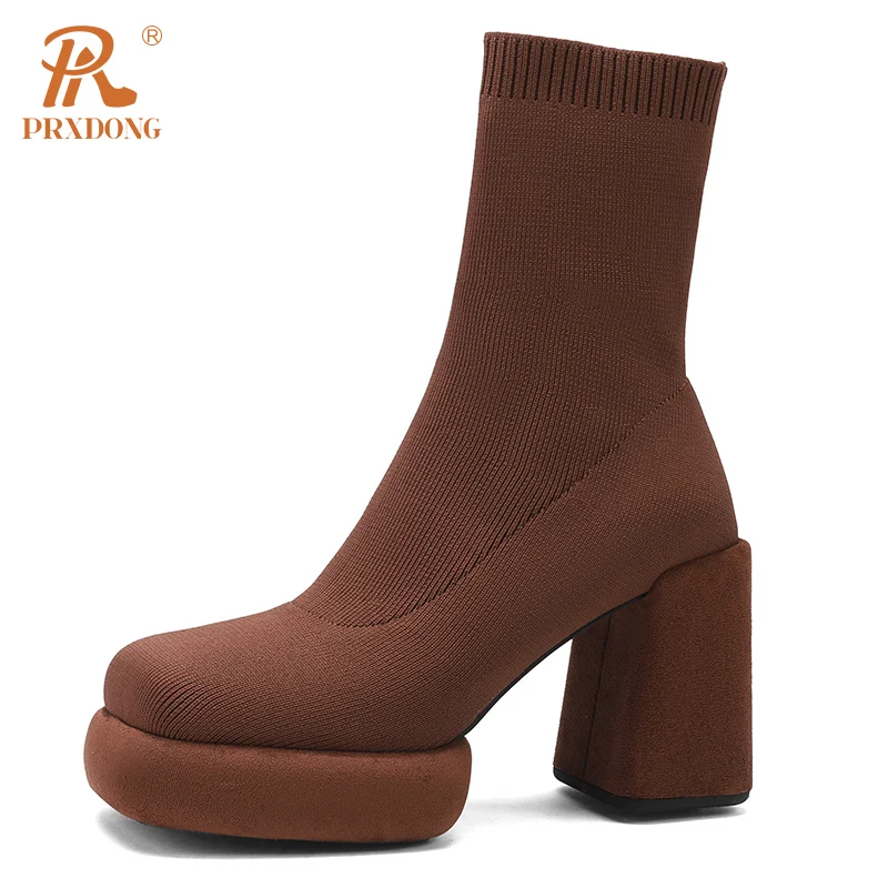 

PRXDONG New Arrivals Autumn Winter SHoes Woman Ankle Boots Chunky High Heels Platform Black Red Dress Causal Lady Sock Boots 39