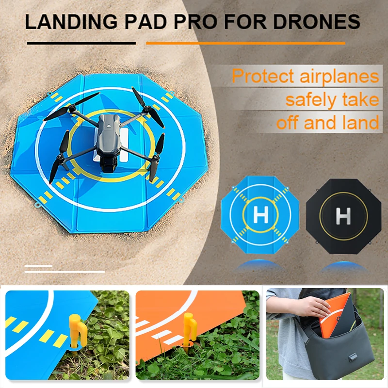 Tapis d'atterrissage pliable pour drone de 51 cm déplié sur herbe, avec drone posé au centre et sac de rangement étanche à côté.