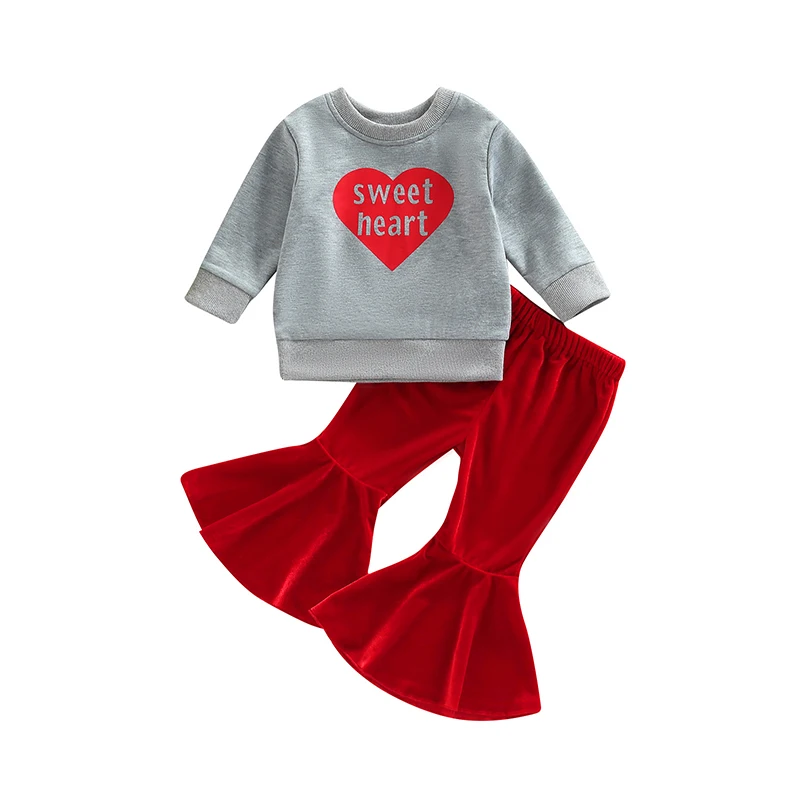 Kids Girls Valentine's Day Outfits Letter Heart Print Long Sleeve