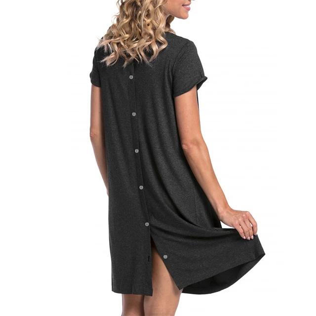 TIMIFIS Chemise De Nuit D'Allaitement Grise Pour Femmes Maternité Col Rond Imprimé Patchwork Manches Courtes Robe De Nuit Enceinte - Printemps/été