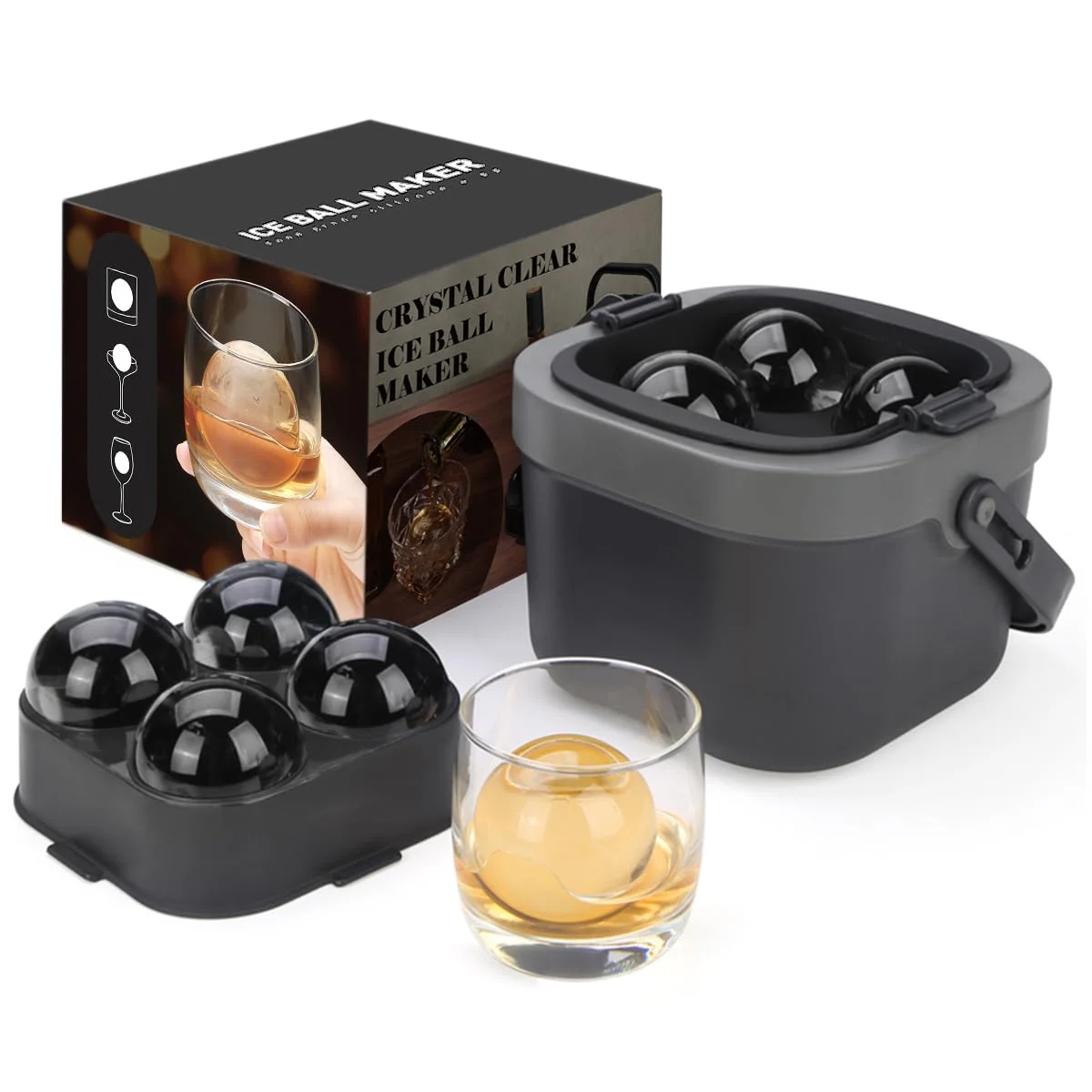Crystal Clear Ice Ball Maker, 4 Large 2.4" Clear Sphere Ice Cube Mold for Whiskey, Cocktails & Bourbon