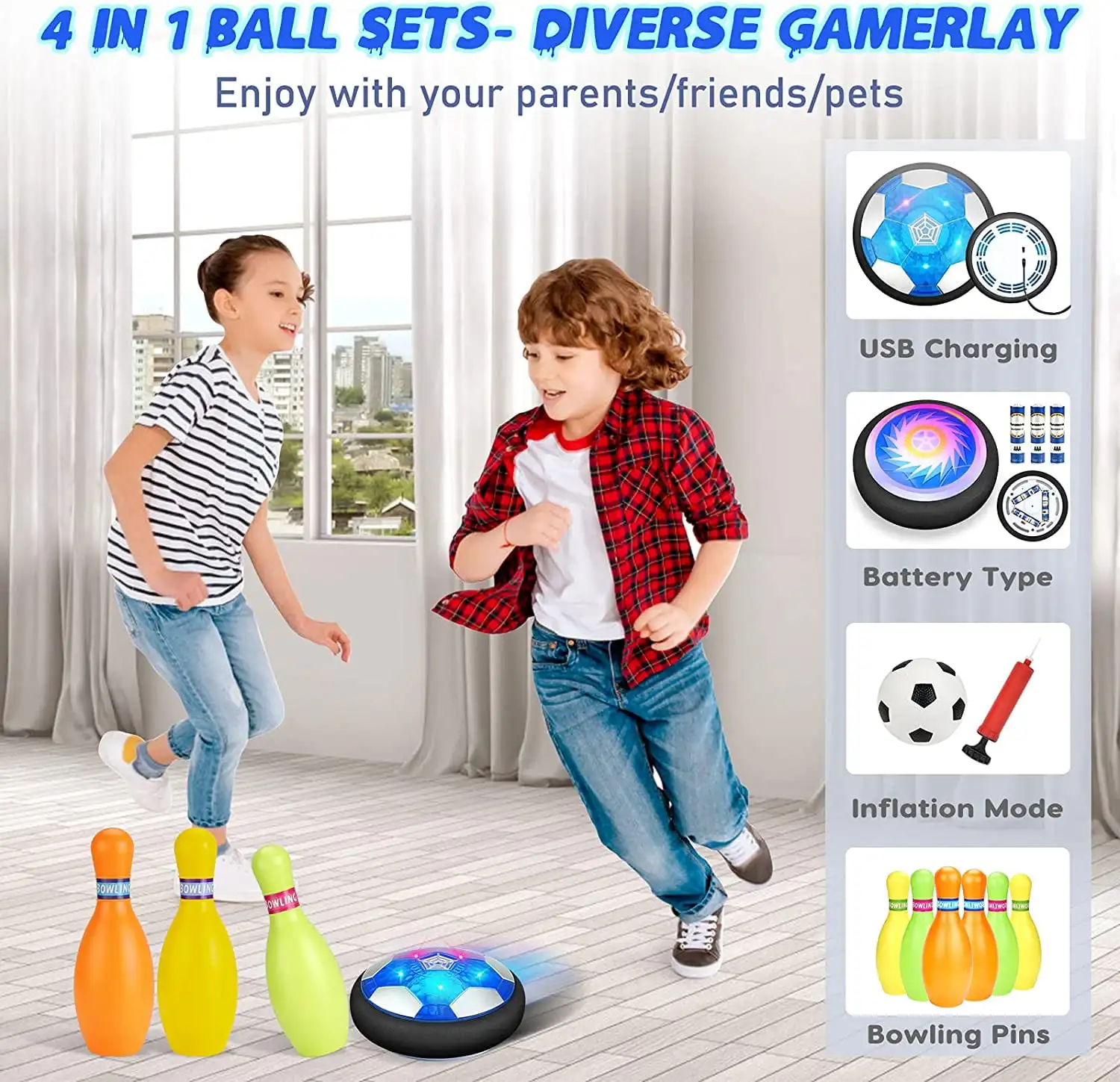 3-in-1 LED Soccer Hockey Bowling Set Indoor/Outdoor Toys Gifts for Kids Boys Girls 3-12 Year Old