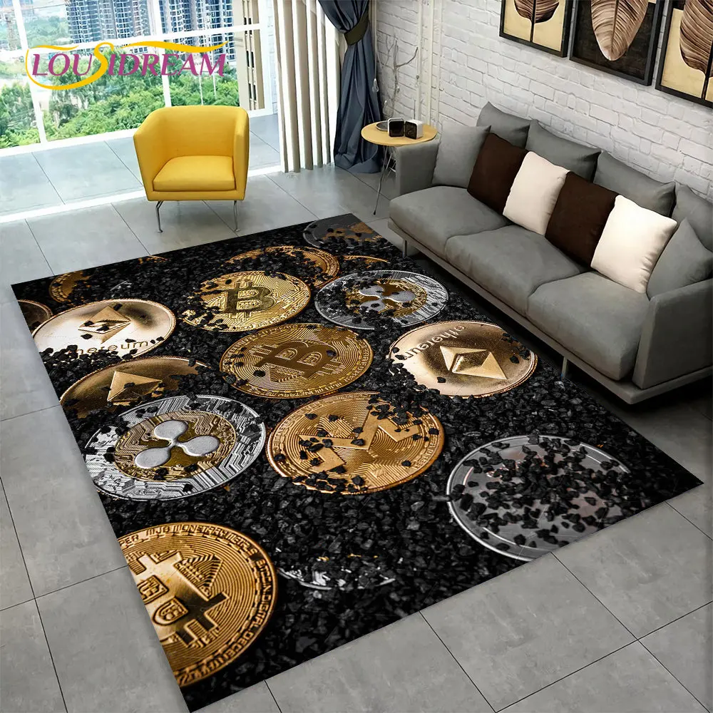 Alfombra grande de área de moneda Virtual de Bitcoin 3D, alfombra para sala de estar, dormitorio, sofá, sala de juegos, Felpudo de decoración, alfombrilla antideslizante para niños