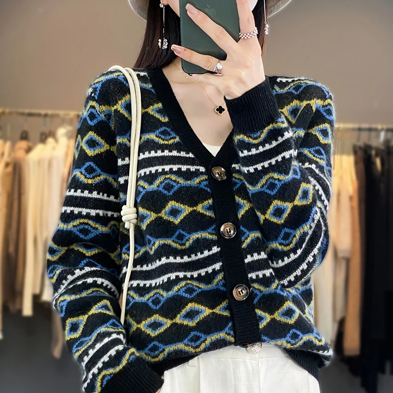 

Smpevrg 100% Wool Women Sweater Autumn Winter Fashion Striped Coat Female Cardigan Long Sleeve V-Neck Jumper Knitted Tops Jacket