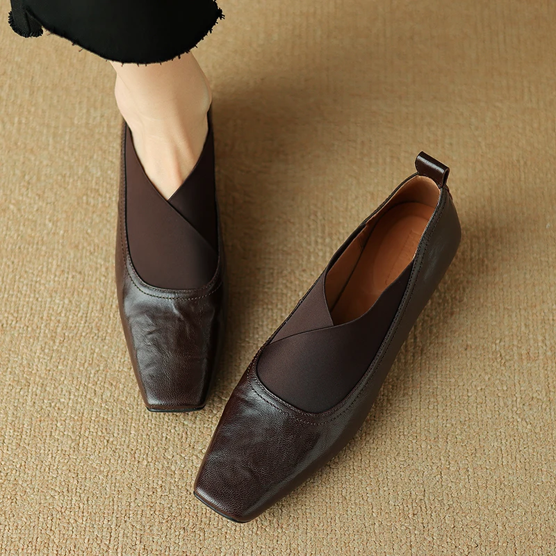 

New Square Toe Women's Pumps Elastic Band Slip on Real Leather Shoes Women Low Heels Dress Shoes Comfortable Ladies Work Shoe