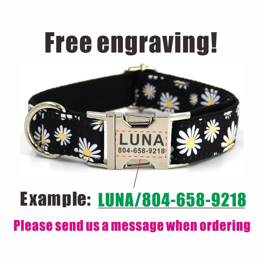 Personalized Pet Collar Puppy Nameplate ID Tag Adjustable Buckle Strong Black Daisy Flower Basic Collars Lead Leash