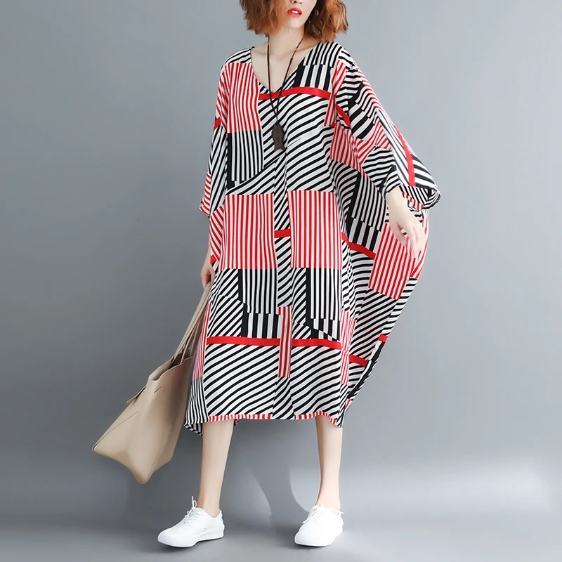 

2022 Summer New Striped Women Dresses Irregular Loose V Neck Long Loose Lady Casual Elegant Dresses Top Quality