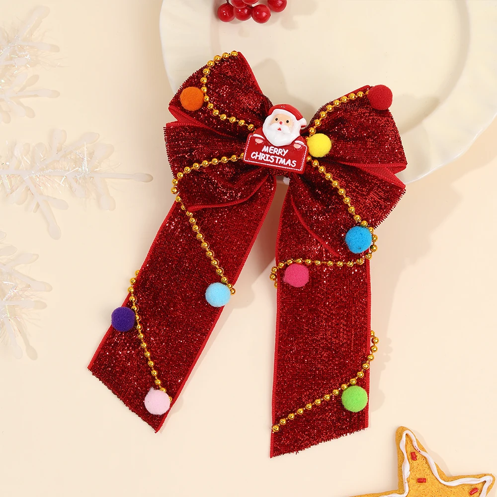 New Year Christmas Bow Hair Clips Christmas Tree Decoration Hairpins Glittery Colorful Pom Poms Barrette For Girls Accessories