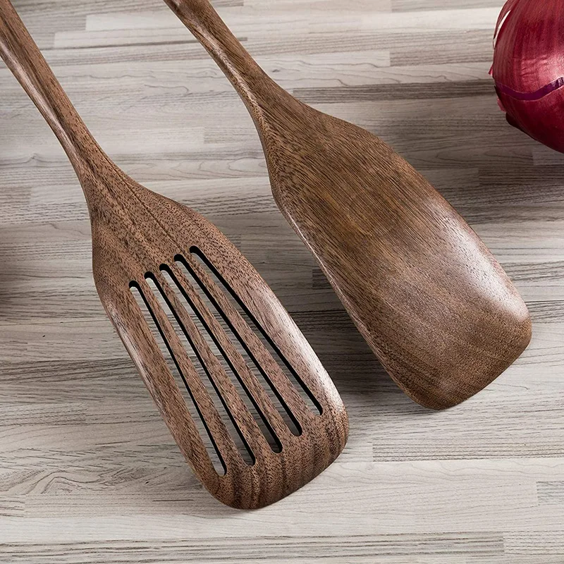 Wooden Spatula&Slotted Spatula for Cooking Black Walnut Long Handle Wood Slotted Turner for Non-Stick Cookware