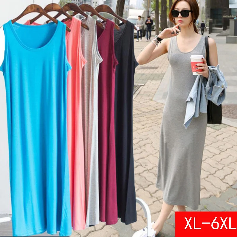 

Summer Dress Women 2024 Maxi Plus Size Sexy 4XL 5XL 6XL Modal Base Sleeveless Long Tank Lady Black Grey Bodycon New Girl Vestido