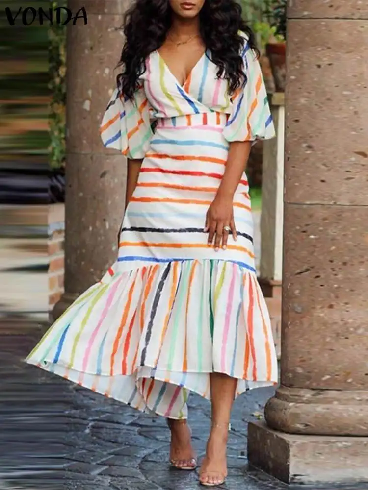 

VONDA Bohemian Striped Dress 2023 Summer Maxi Long Sundress Women Sexy V-Neck Casual Belted Loose Lantern Sleeve Ruffled Vestido