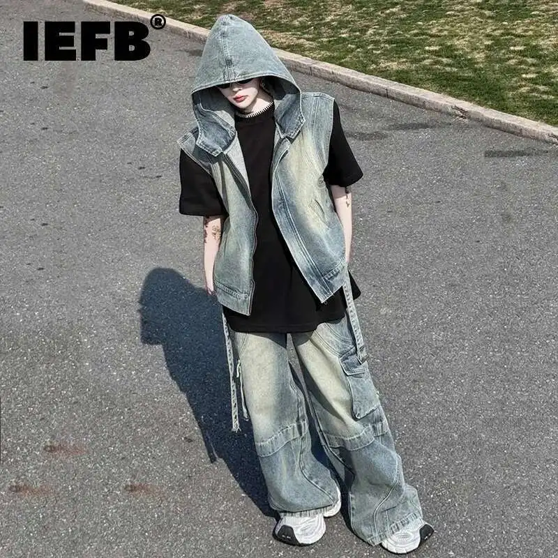 IEFB Men's New Spring Pants Denim Set Hooded Vest Solid Color Male Jeans Multi Pockets Stylish American Fashion Menwear 9W1509