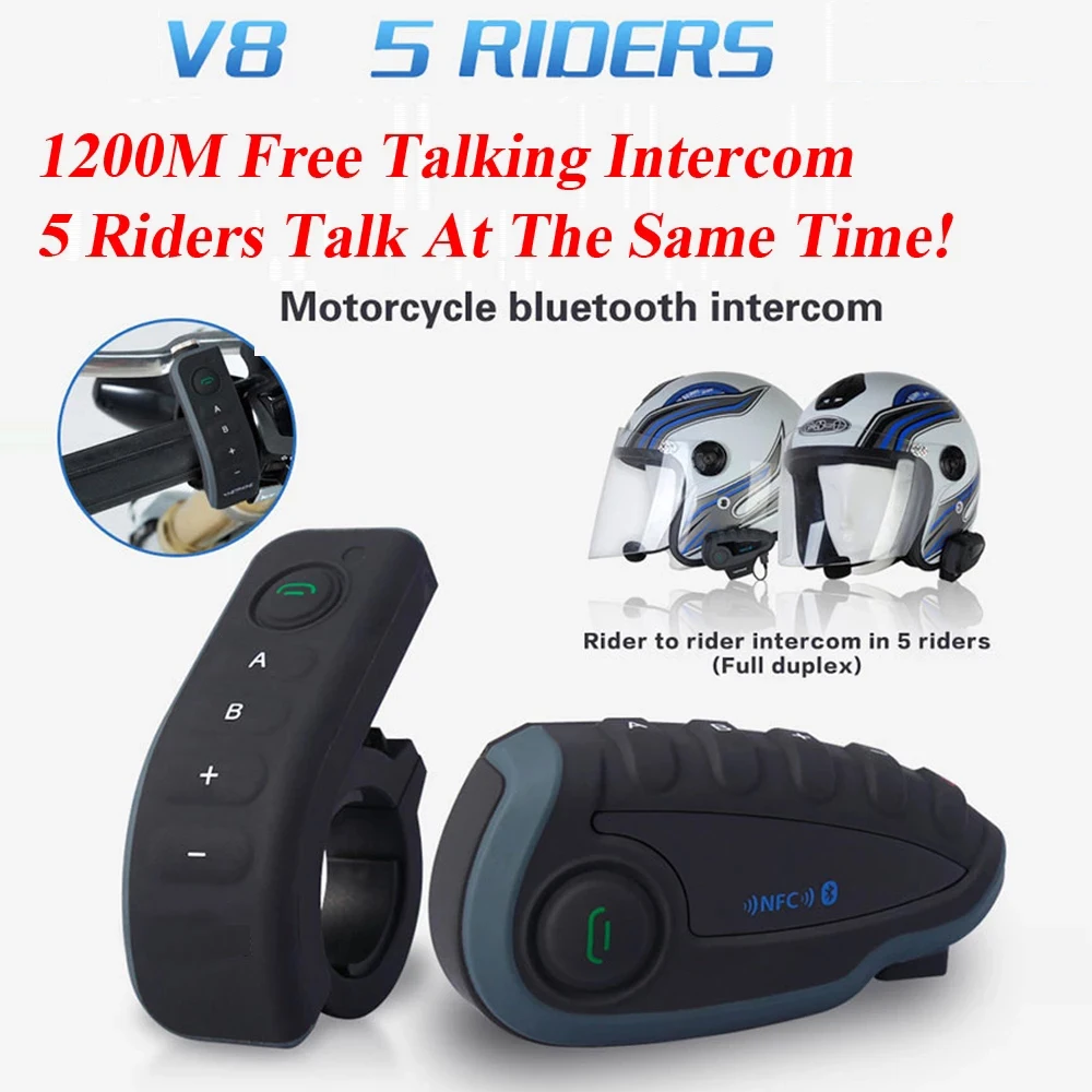 1000mA V8 Motorcycle Helmet Bluetooth Headset 5 Riders BT Intercom FM Radio NFC 