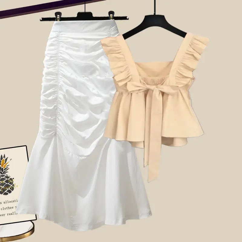 Spring/Summer Set Women's 2024 New Korean Edition Slim Fit Fishtail Skirt with Ruffled Edge Top for Age Reducing Two Piece Set