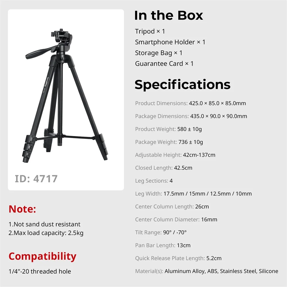 Versatile Lightweight Tripod Adjustable Portable Foldable Tripod for Camera W Sm