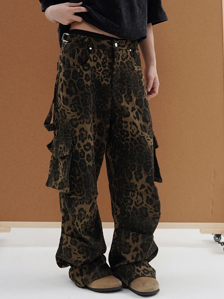 Leopard Print Jeans for Women Vintage Cargo Denim Pants Ruched High Waisted Jeans Streetwear Y2k Fashion Hip Hop Baggy Jeans