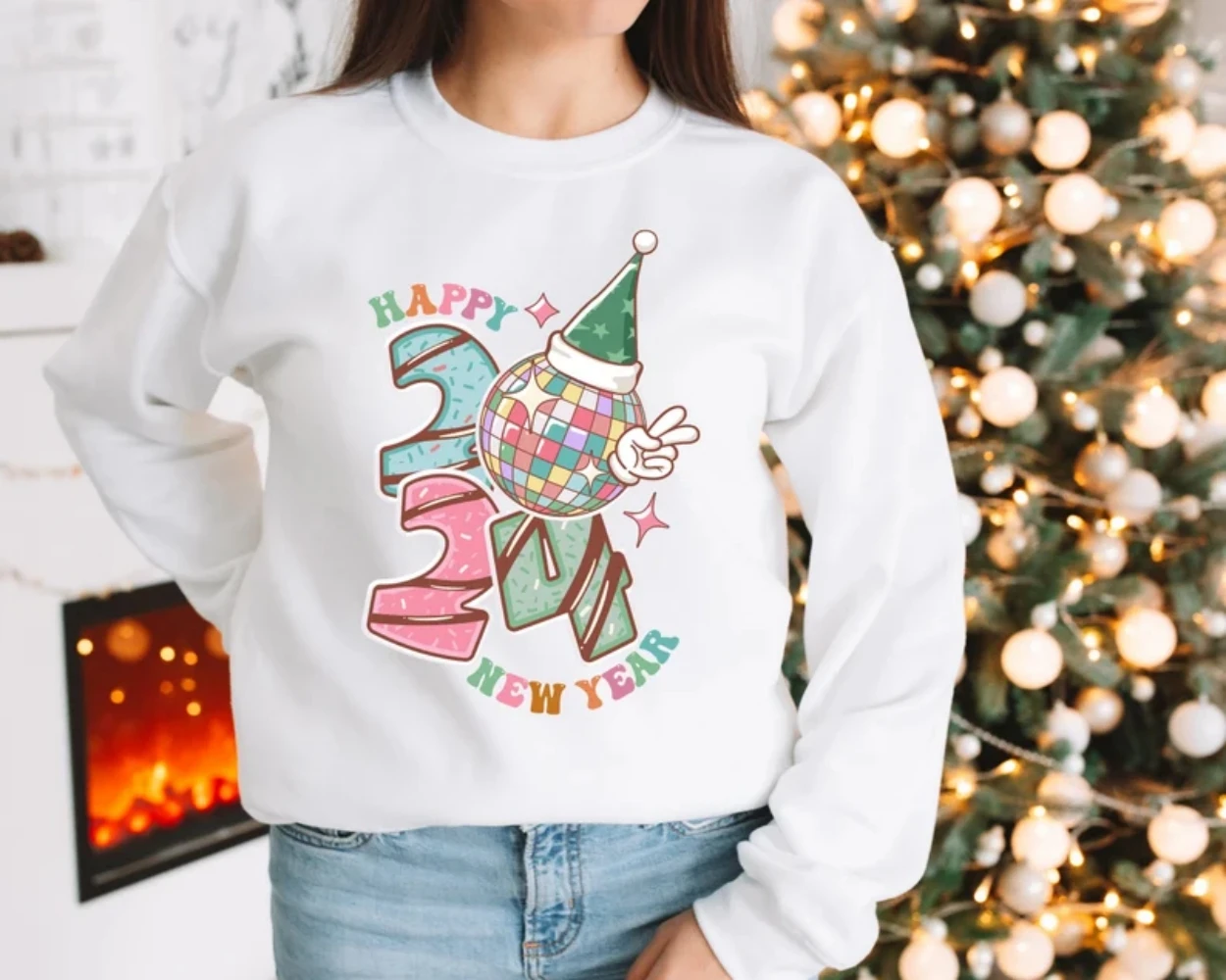 New Year's 2024 Sweatshirt Retro Happy Party Pullover Shirt Funny Cute Crewneck Coquette Aesthetic Winter Clothes Women