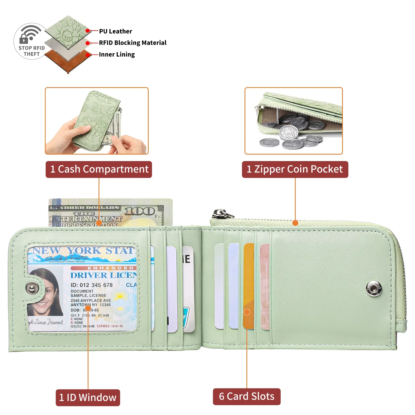 Ladies Zip Coin Purse with Key Ring Embossed Design Multi Card Slots Large Capacity Wallet Fashion Accessories Carteira