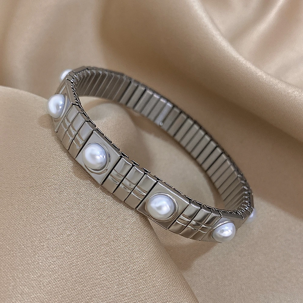 Imitation Pearls Elasticity Bracelets Stainless Steel Elastic Scalable Bangles for Women Cuff Wristband Waterproof Jewelry 5