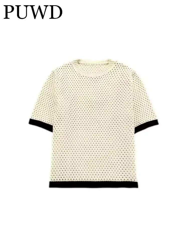 

PUWD Women Fashion O-Neck Spliced Short Sleeve Knitted T-Shirt 2023 Summer Ladies Casual Hollowed Top Vintage Loose Female Tops