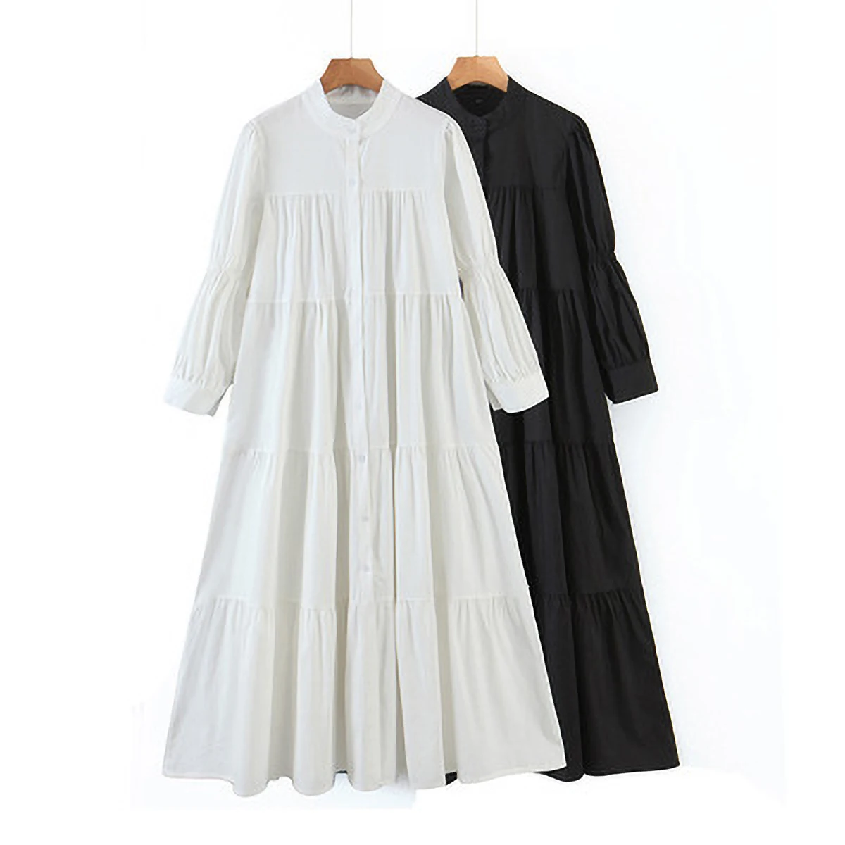 Muslim Women's White Dresses Temperament Stand Collar Pleated Puff Sleeve Shirt Dress Summer Middle East Female Slim Long Robe