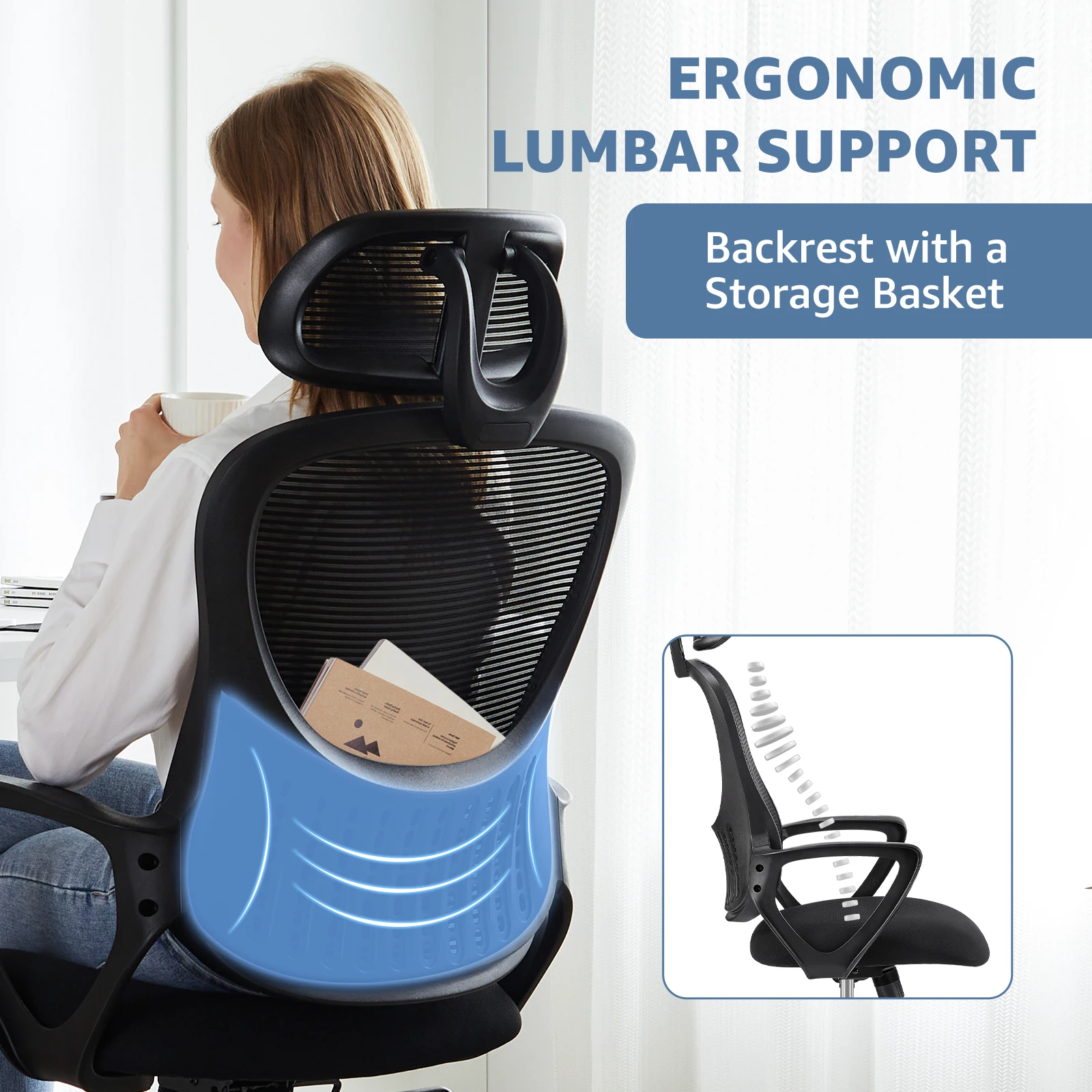 JHK Ergonomic Mesh Fixed Armrest Living Room Rocking Gaming Chair Adjustable Headrests Comfortable Lumbar Support For Home 5