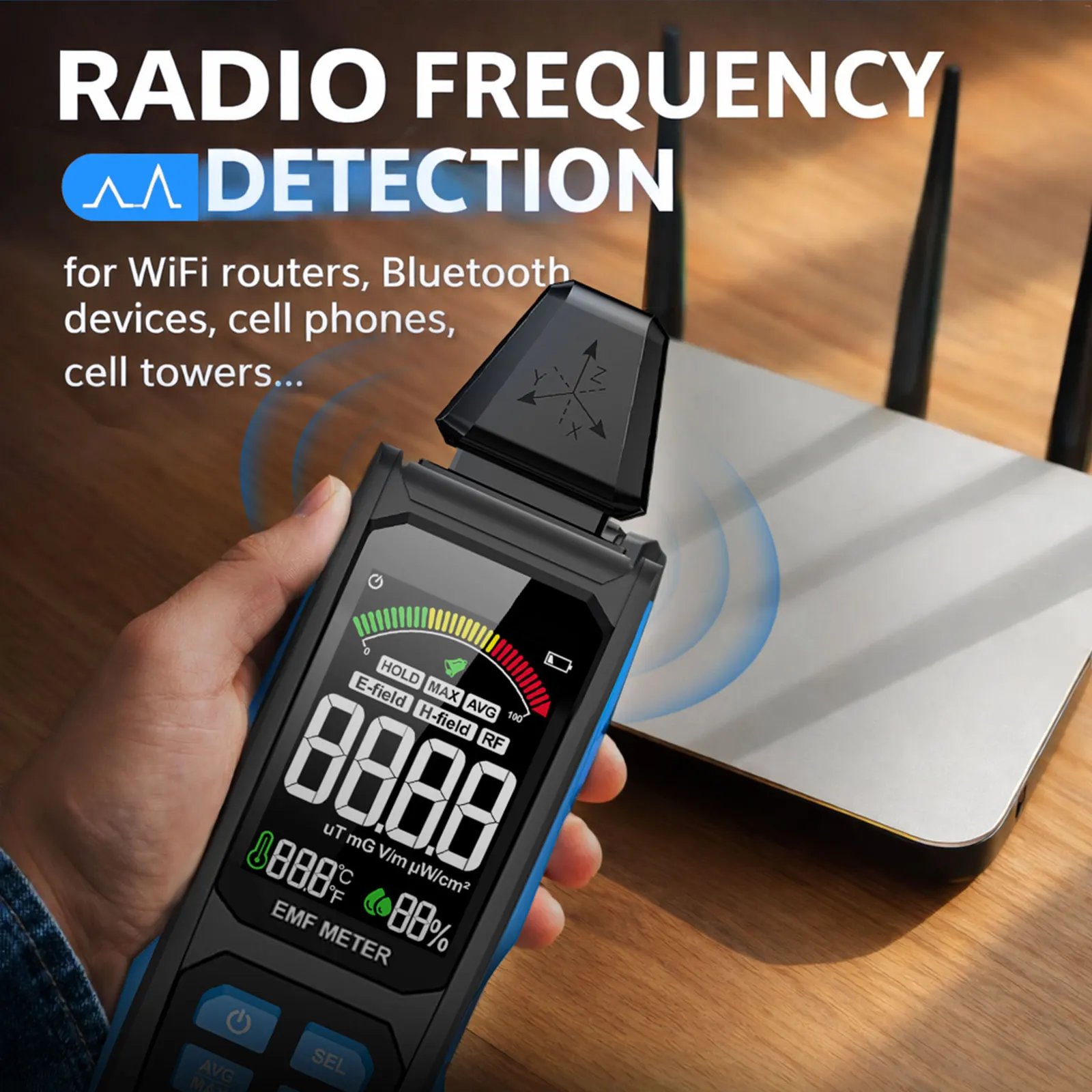 EMF 감지기, EF RF MF 감지용, 디지털 LCD 디스플레이, uT mG/V/m pW/cm² 측정, 가정용 3-in-1 충전식 EMF 측정기