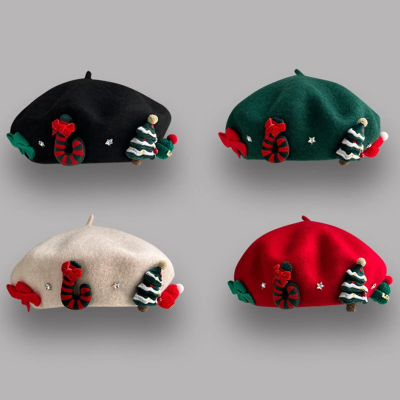 

Japanese Cute Christmas Beret Hat Vintage Red Green Wool Hat Female Winter Butterfly Warm Hats Y2k Xmas Gorros Navideño 2023