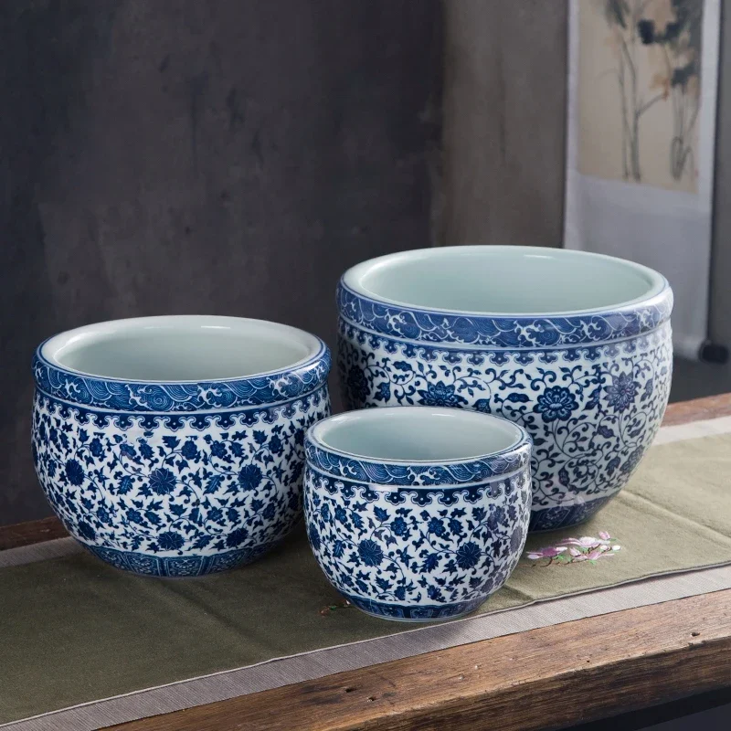 

3 Pcs Set Large Porcelain Pot Fish Tanks Blue Chinese Ceramic Goldfish Tank Turtle Tank Complex Classical Water Bowl Lotus Pot