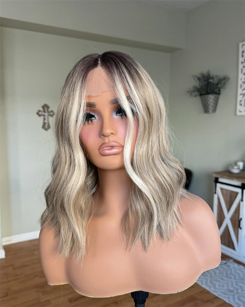 Mixed Ash Grey Blonde Lace Wig Natural Soft HD Synthetic mixed Human Hair Wigs Wavy Lace Frontal Wigs Glueless High Density