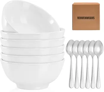 Set of 6 White Thickened Ceramic Bowls – 30 oz with 6 Complimentary Spoons 1