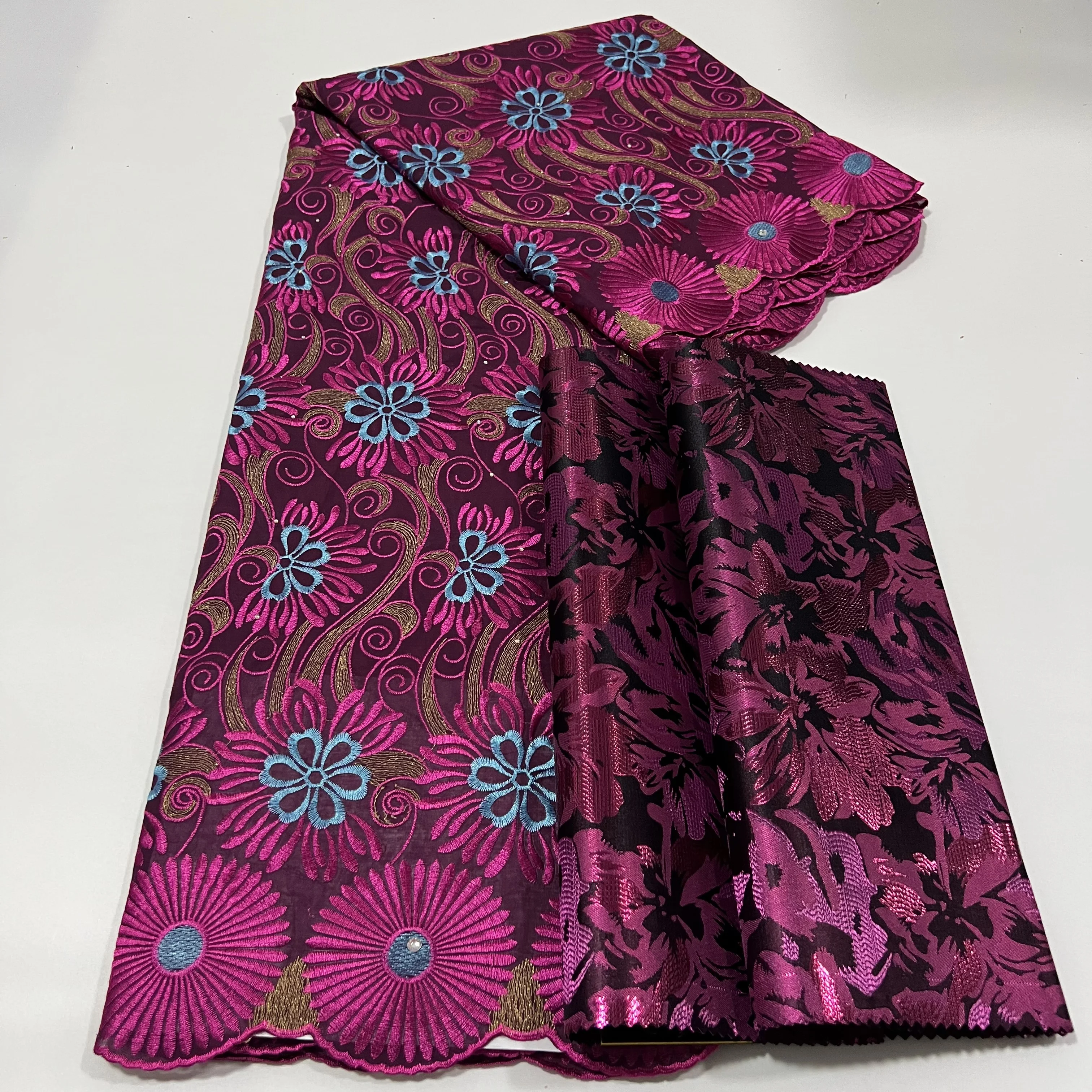 

African High Quality Fashion Printing Sego Gele 2Pcs/Bag With Embroidery Tulle Lace Fbric 5Yards For Women Wedding Party Dress