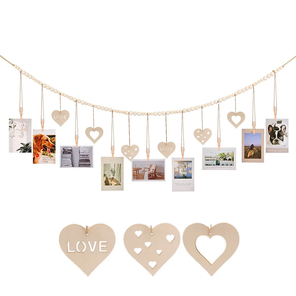Hanging Photo Display with Log Color Wooden Bead String Photo Storage Tassel String Hemp Rope Bead Clip Home Decoration photography clamps