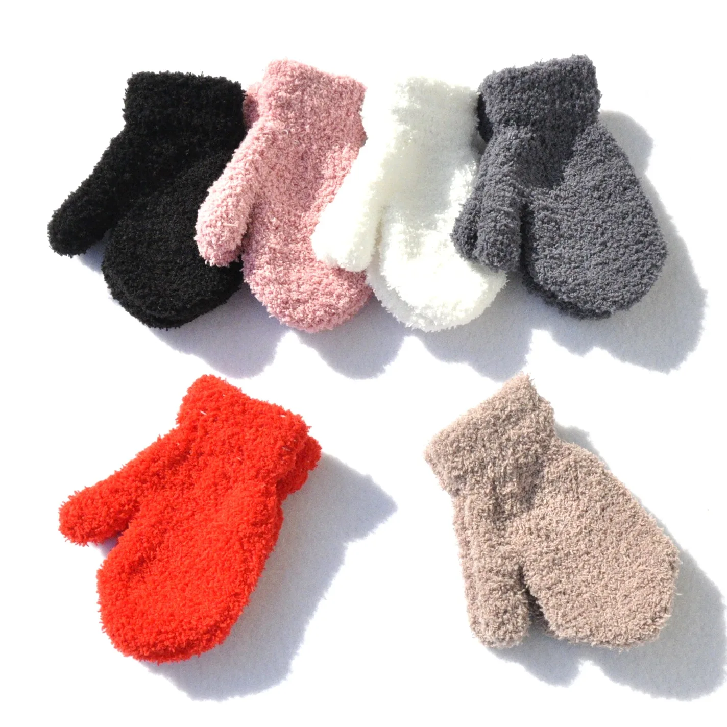 Baby Short Gloves Winter Coral Fleece Children Solid Knitted Plush Furry Full Finger Mittens Autumn Hand Warmer 1-4 Years Old 5