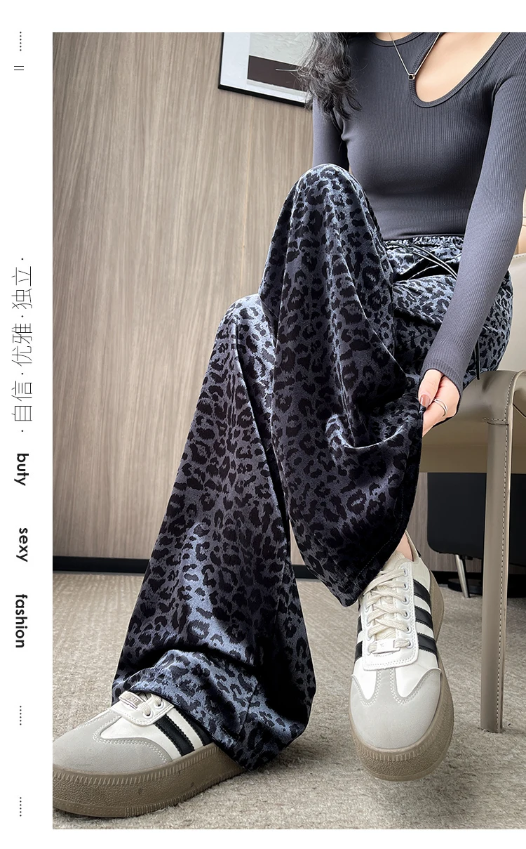 Herbst Klassische Leopard Print Lose Volle Länge Weibliche Breite Bein Hosen Mode Kordelzug Elastische Hohe Taille Casual Frauen Hosen – Detail 24