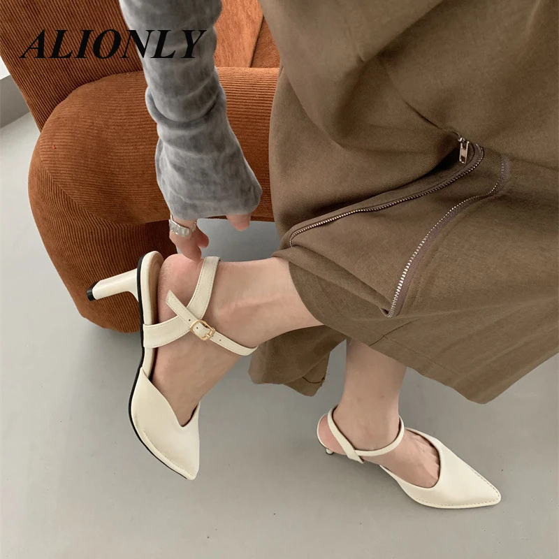 

Alionly 2023 Summer New Simple Women's Sandals Baotou Fashion Suede Slim Heel Pointed Commuting High Heels Chaussure Femme