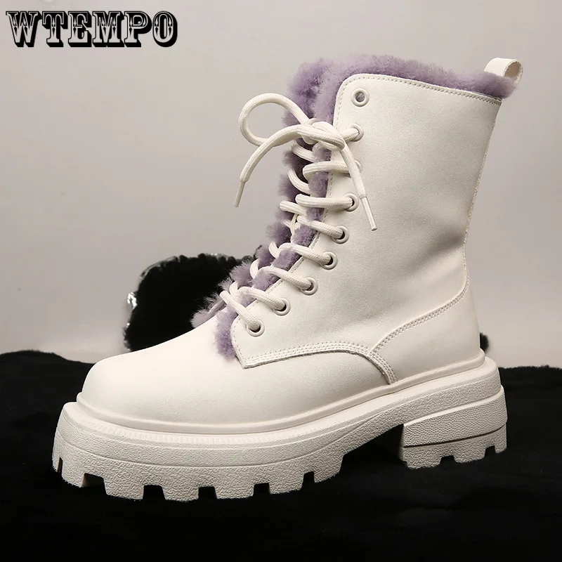 

White Snow Boots Women Plush and Thick Leather Ankle Elevated Martin Boots,winter Anti-skid Warm Cotton Boots Dropshipping