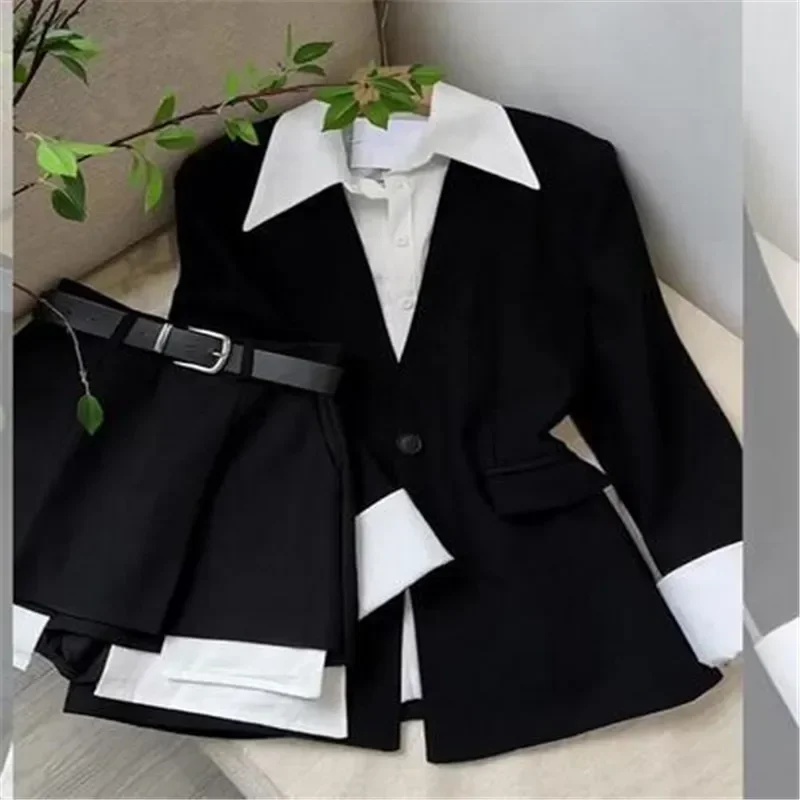 Autumn 2024 New Fake Two Piece Suit Jacket Top Half Skirt Shorts Wide Leg Short Pants Set Y2k Black Blazers Shirts 2023 summer new fake two piece sleeved jeans women s high waist washed ragged shorts black jeans