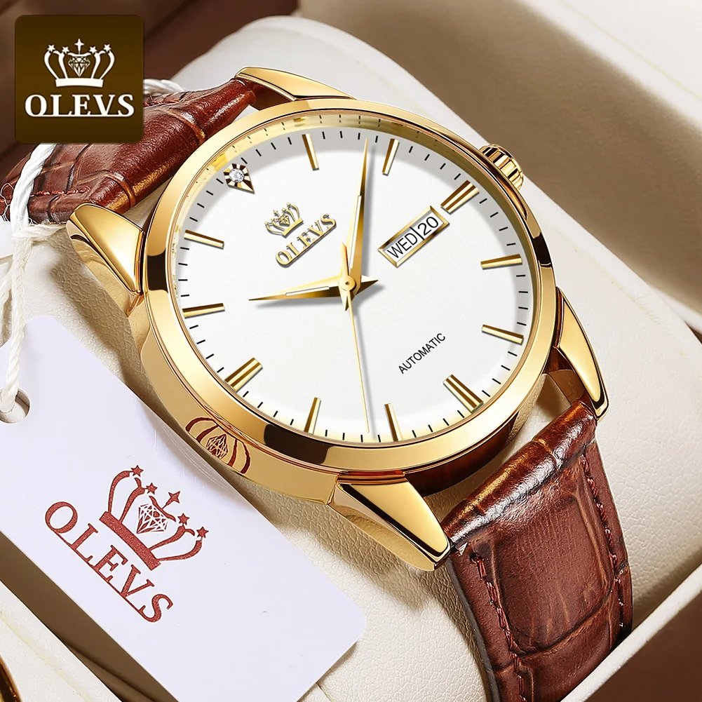 OLEVS Men's Mechanical Wrist Watch Business Classic Auto Date Clock Leather Strap Waterproof Watches Luxury Original Man Watch