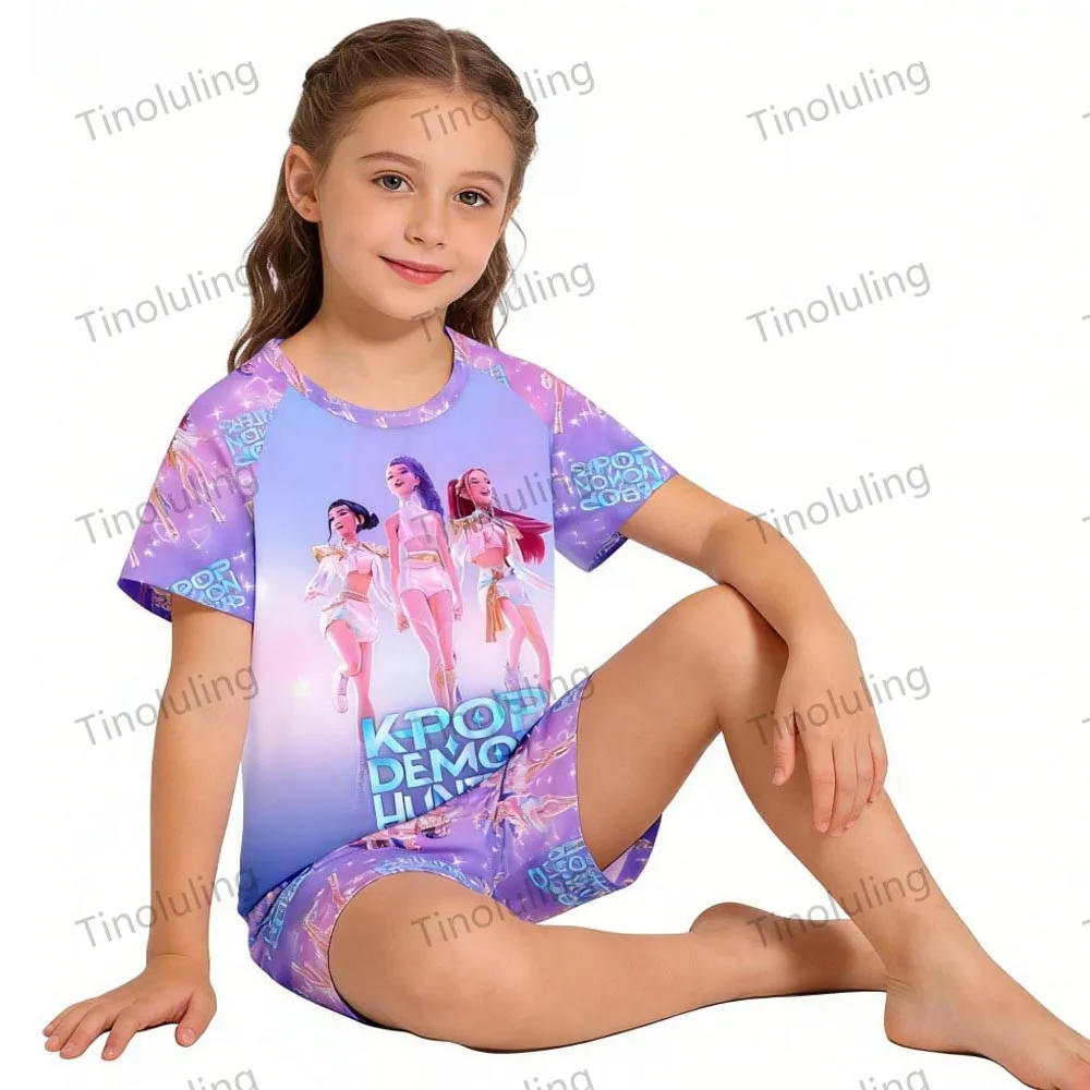 Ensembles de pyjamas pour filles, pour enfants de 3 à 8, 10, 11, 12 ans, Kpop Demon Hunters, hauts + shorts, deux pièces, ensemble de vêtements de nuit d'été